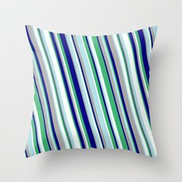 [ Thumbnail: Eye-catching Powder Blue, Dark Gray, Blue, Sea Green & Mint Cream Colored Striped Pattern Throw Pillow ]