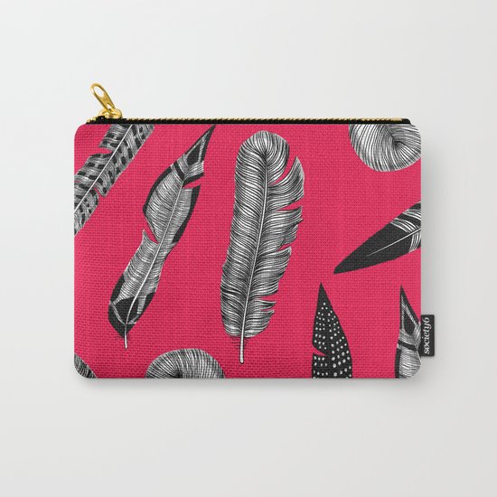Seamless pattern with various hand drawn feathers on red background. Carry-All Pouch