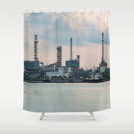 Oil refinery riverfront, vintage tone during sunrise Shower Curtain