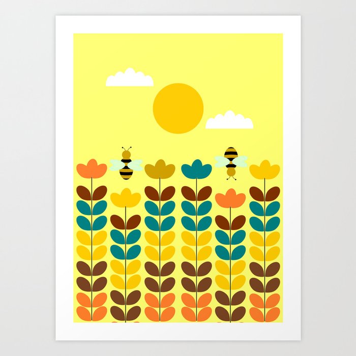 Flowers with bees Art Print