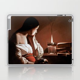 Magdalen with the Smoking Flame female staring at flame with skull of lover in hand portrait painting Laptop Skin