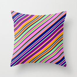 [ Thumbnail: Colorful Light Green, Purple, Violet, Orange & Dark Blue Colored Lines/Stripes Pattern Throw Pillow ]