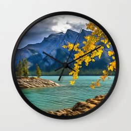 Lake Mountains Banff National Park Wall Clock | Scenery, Trees, Fall, Fallfoliage, Branches, Painting, Autumn, Banffnationalpark, Rocky, Alberta 