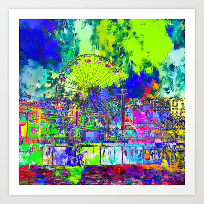 Ferris Wheel And Buildings At Santa Monica Pier Usa With Colorful Painting Abstract Background Art Print By Timla Society6