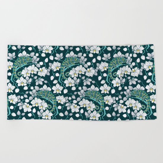 Chameleons and orchids Beach Towel