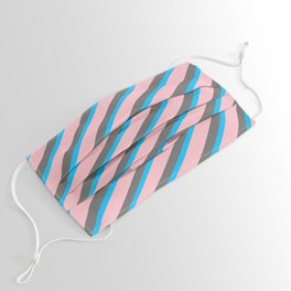 [ Thumbnail: Dim Gray, Deep Sky Blue & Pink Colored Striped/Lined Pattern Face Mask ]