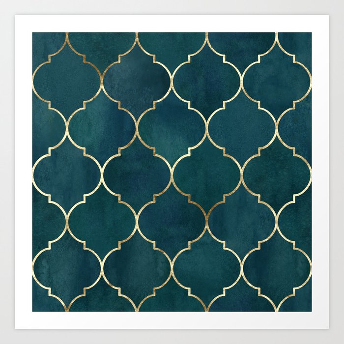 Emerald Golden Moroccan Quatrefoil Pattern II Art Print