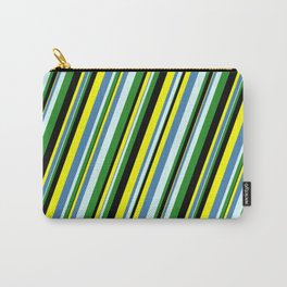 [ Thumbnail: Yellow, Blue, Light Cyan, Forest Green, and Black Colored Stripes Pattern Carry-All Pouch ]