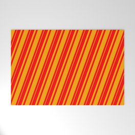 [ Thumbnail: Red & Orange Colored Pattern of Stripes Welcome Mat ]