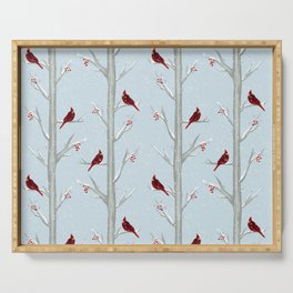 Red Cardinal Bird In The Winter Forest Serving Tray