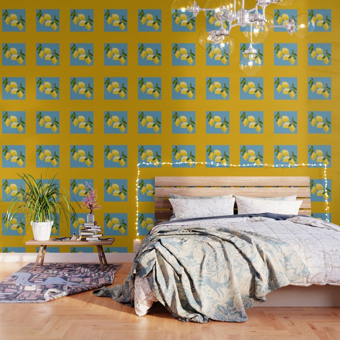Fresh Lemon Tree Art Design on Yellow and Blue Wallpaper