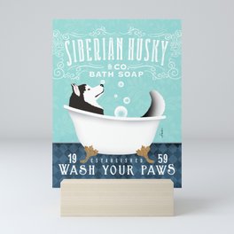 Siberian Husky dog bath tub clawfoot bubble soap wash your paws art artwork  Mini Art Print