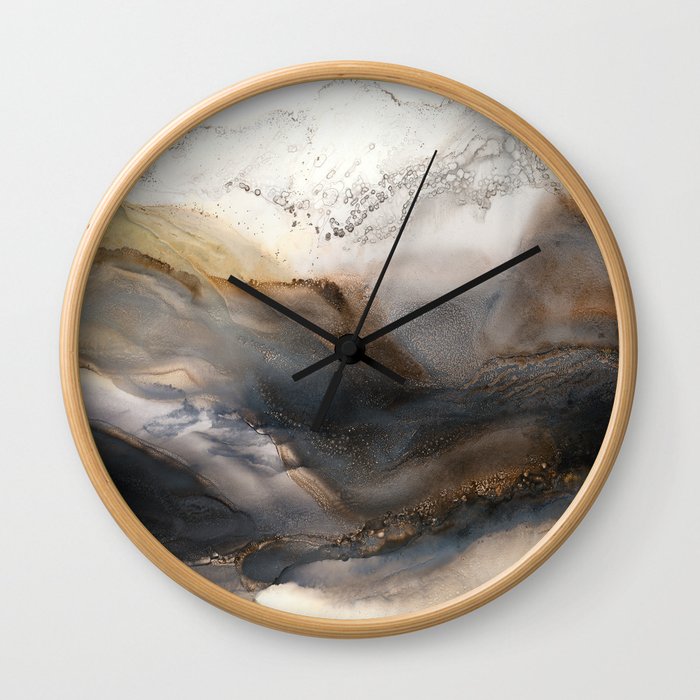 Iron Mountain - abstract landscape, watercolor, alcohol ink, brown gray neutrals Wall Clock