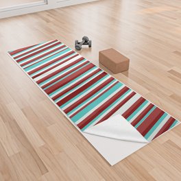 [ Thumbnail: Turquoise, Maroon, Brown & Mint Cream Colored Pattern of Stripes Yoga Towel ]
