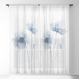 Blue Watercolor Poppies Sheer Curtain
