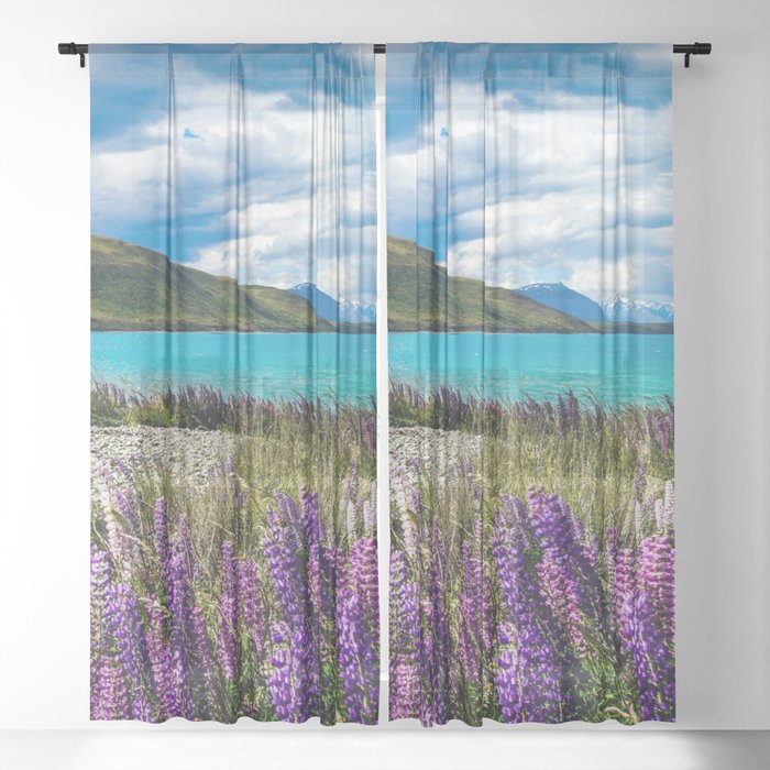 New Zealand Photography - Field Of Lupin Flowers By The Crystal Water Sheer Curtain