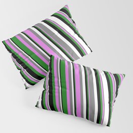 [ Thumbnail: Colorful Gray, Violet, Forest Green, Black & White Colored Striped Pattern Pillow Sham ]