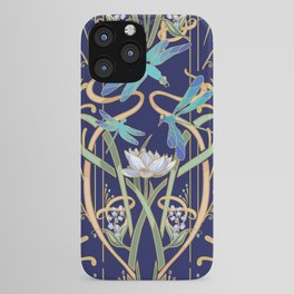 Art Nouveau Dragonflies | Navy iPhone Case | Botanical, Flowers, Lilies, Filagree, Artnouveau, Dragonflies, Pattern, Decorativearts, Lily, Navyblue 