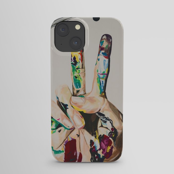 Peace, love, & happiness; peace sign with spalshed colorful painters palette paint portrait painting iPhone Case