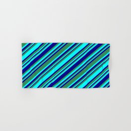 [ Thumbnail: Sea Green, Cyan, and Dark Blue Colored Lines/Stripes Pattern Hand & Bath Towel ]