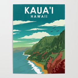 Kauai Hawaii Vintage Minimal Retro Travel Poster Poster