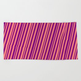 [ Thumbnail: Salmon and Purple Colored Stripes Pattern Beach Towel ]