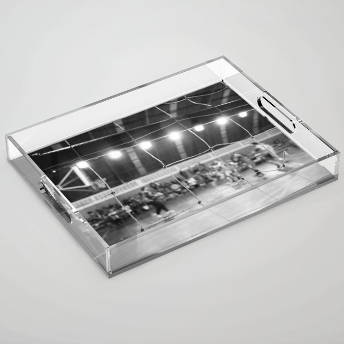 Black and White Photo of a handball game from behind the net Acrylic Tray