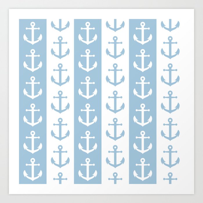 Retro Navy Anchor and Stripes Pattern 227 Blue Art Print