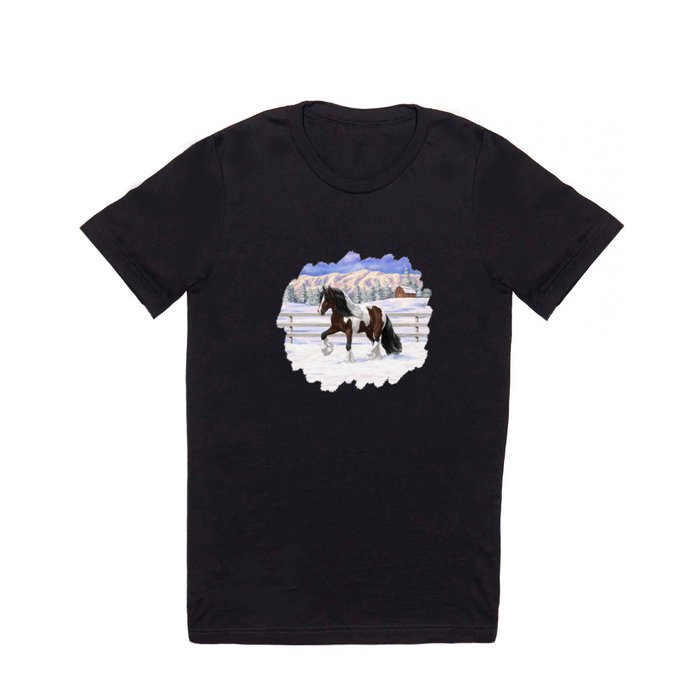 Brown and White Bay Pinto Skewbald Gypsy Vanner Draft Horse In Snow T Shirt