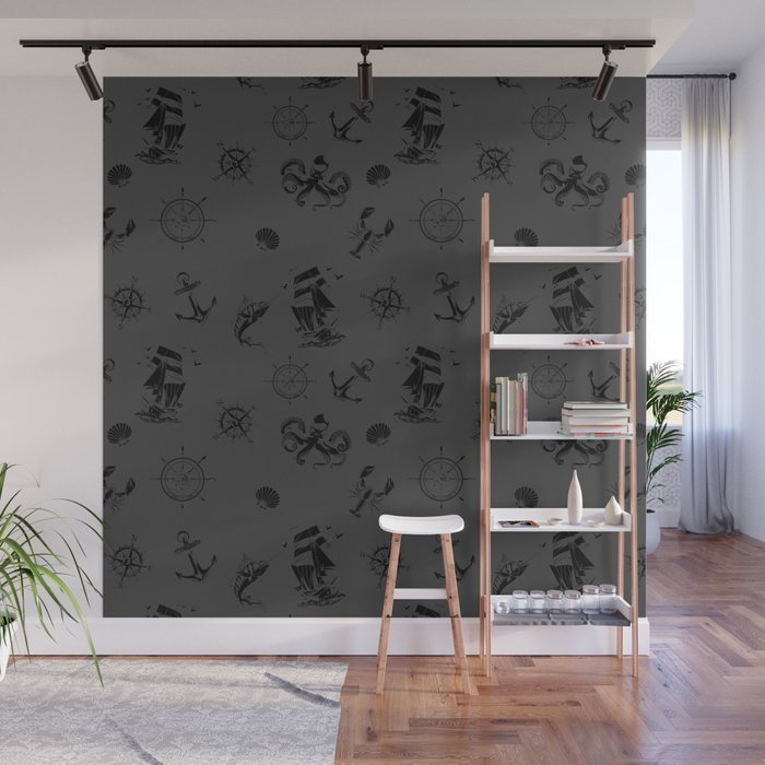 Dark Grey And Black Silhouettes Of Vintage Nautical Pattern Wall Mural