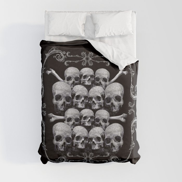 Skulls and Filigree - Black and White Duvet Cover