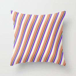 [ Thumbnail: Vibrant Brown, Aquamarine, Purple, Beige & Dark Salmon Colored Lined Pattern Throw Pillow ]