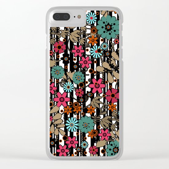 Floral pattern on black and white striped background Clear iPhone Case