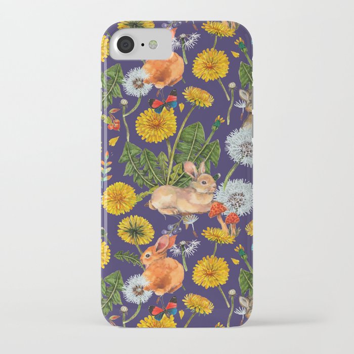 Dandelion Flowers with Rabbits - purple iPhone Case