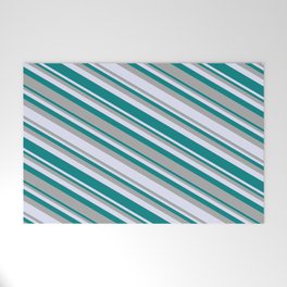 [ Thumbnail: Dark Grey, Lavender, and Teal Colored Stripes Pattern Welcome Mat ]