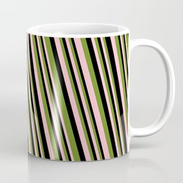 [ Thumbnail: Green, Pink, and Black Colored Striped Pattern Coffee Mug ]
