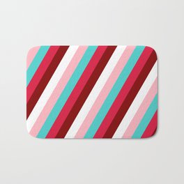 [ Thumbnail: Eye-catching Turquoise, Crimson, Maroon, White & Light Pink Colored Stripes/Lines Pattern Bath Mat ]