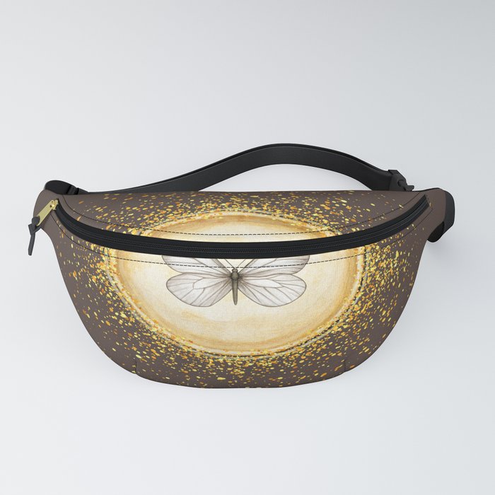 Hand-Drawn Butterfly Gold Circle Pendant on Dark Brown Fanny Pack