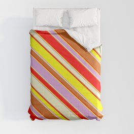[ Thumbnail: Eyecatching Red, Yellow, Plum, Light Yellow & Chocolate Colored Stripes Pattern Comforter ]