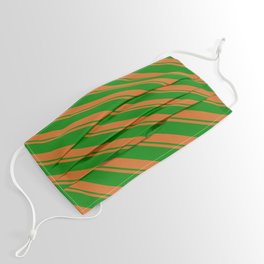 [ Thumbnail: Chocolate and Green Colored Lined/Striped Pattern Face Mask ]
