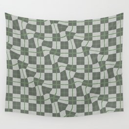 Warped Checkerboard Grid Illustration Green Gray Wall Tapestry