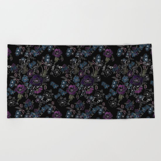 Floral pattern on a black background . Blue and purple flowers . Beach Towel