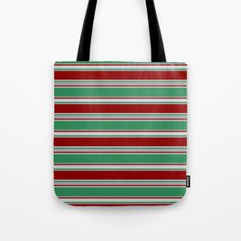 [ Thumbnail: Sea Green, Dark Grey, Dark Red, and Light Grey Colored Lined/Striped Pattern Tote Bag ]