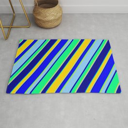 [ Thumbnail: Eyecatching Blue, Green, Yellow, Light Sky Blue & Dark Blue Colored Lines/Stripes Pattern Rug ]