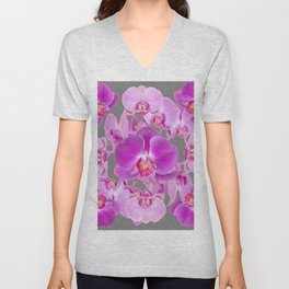 Ornate Pink & Purple  Butterfly Orchids  & Grey Colored Art Patterns V Neck T Shirt