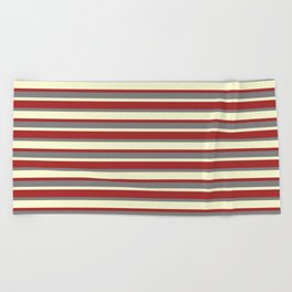 [ Thumbnail: Light Yellow, Brown, and Grey Colored Striped/Lined Pattern Beach Towel ]