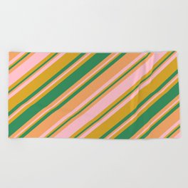 [ Thumbnail: Goldenrod, Sea Green, Brown, and Pink Colored Striped/Lined Pattern Beach Towel ]