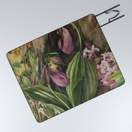 New England Lady Slipper Wild Orchids still life painting Picnic Blanket