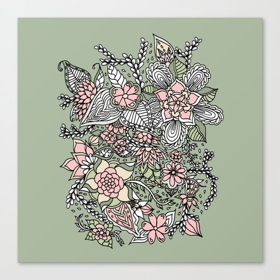 Modern green pink floral handdrawn pattern Canvas Print