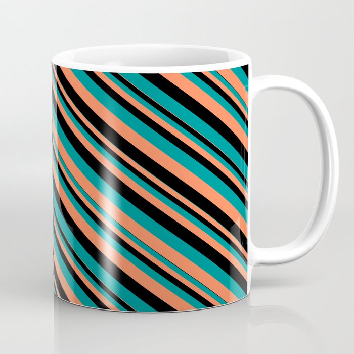 Black, Dark Cyan & Coral Colored Striped Pattern Coffee Mug